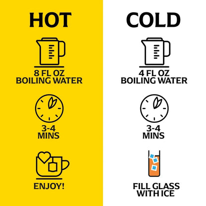 Hot & cold tea brewing guide: 8oz boiling water for hot, 4oz for iced, steep 3-4 mins, enjoy!