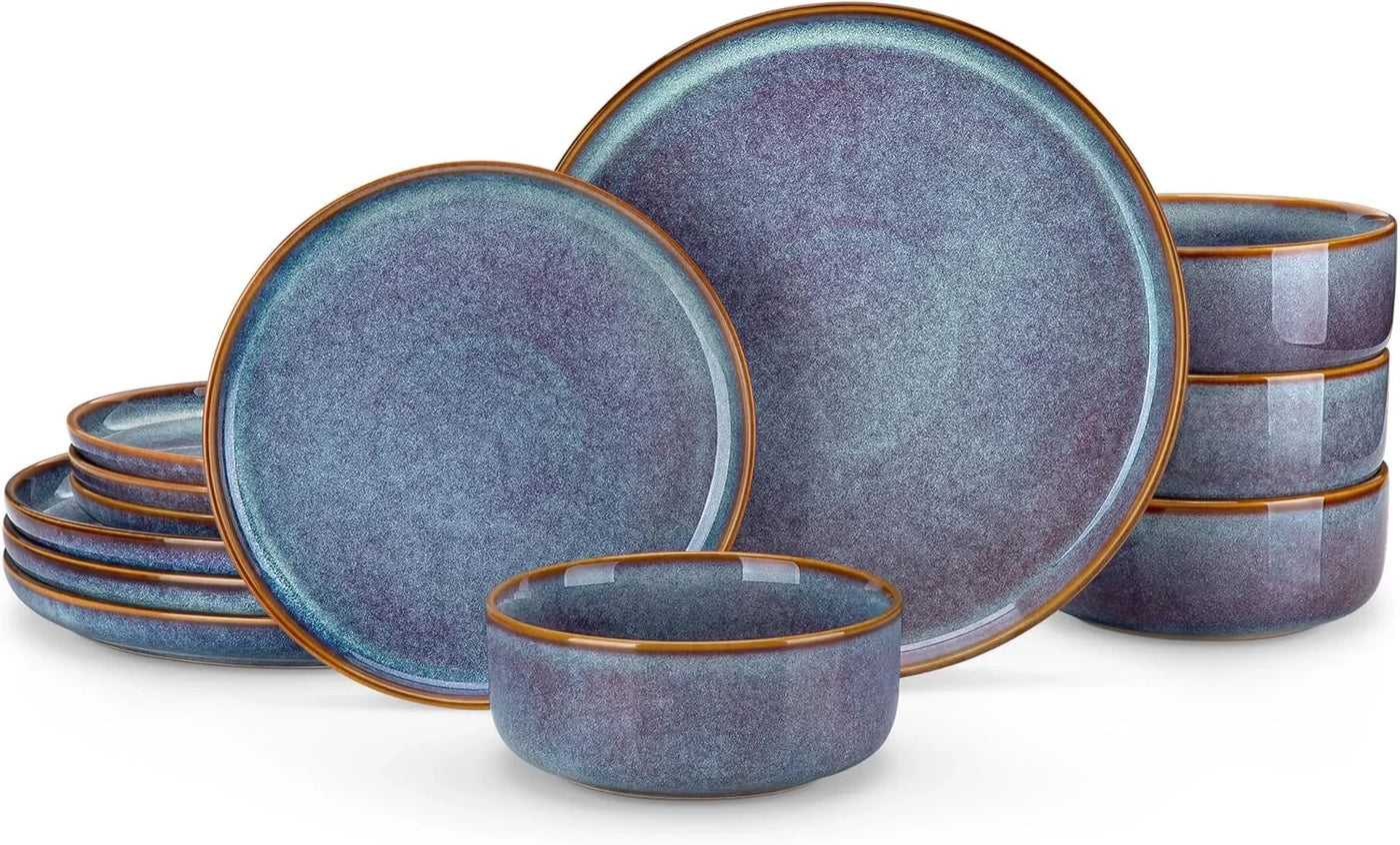 PLAYA Plates and Bowls Sets, 12 Pieces Grey-Blue Dinnerware Sets for Kitchen, Reactive Glaze Dishes Set for 4, Dishwasher and Microwave Safe