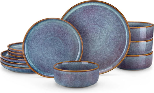 PLAYA Plates and Bowls Sets, 12 Pieces Grey-Blue Dinnerware Sets for Kitchen, Reactive Glaze Dishes Set for 4, Dishwasher and Microwave Safe