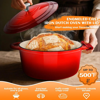 Red enameled cast iron Dutch oven with lid, fresh baked bread inside, kitchen setting