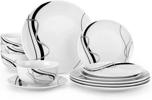 Porcelain Dinnerware Sets for 4, 12 Pieces Plates and Bowls Set with Black and Grey Ribbon Lines, Dishes Set Dining Ware for Dinner, Microwave and Dishwasher Safe, Series FIONA