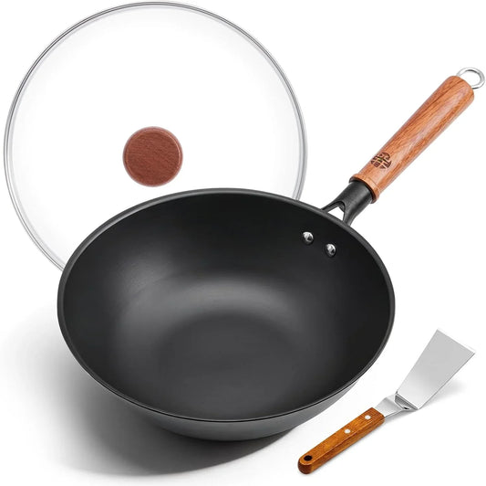 Carbon Steel Wok Pan - 10 Inch Nitrided Rust Resistant Stir Fry Pan, Flat Bottom Deep Iron Skillet with Lid, Lightweight Induction Cookware for 1-2 People, No Chemical Coating (26Cm)