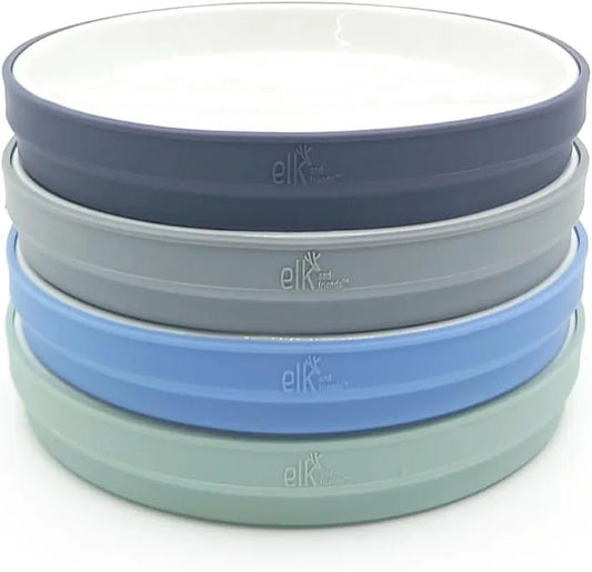 Kids 7.8” Porcelain White Plates with Silicone Sleeves | Suitable for Babies/Toddlers | Microwave & Dishwasher Safe | Non Slip Dinnerware | Snack Dishes | 4 Pack