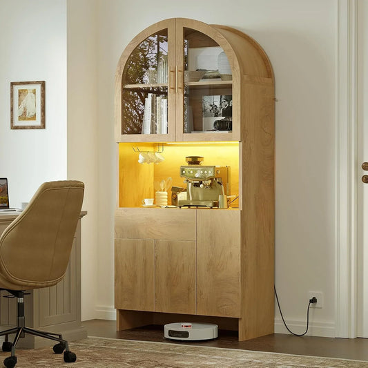 Arched Pantry Cabinet with Power Outlet & LED Light, 71" Extra-Wide Kitchen Storage Hutch with Top Glass & Bottom Solid Doors, Freestanding Organizer for Coffee Bar, Dining Room & Office (Wood)