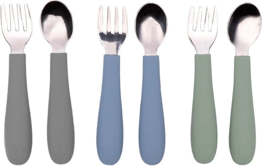 Toddler Utensils, 3 Forks & 3 Spoons, 18/8 Stainless Steel & Food Grade Silicone, Thick Easy-Grip Handles, Perfect Length for New Self Feeders, Gentle on Gums & Teeth, Dishwasher Safe
