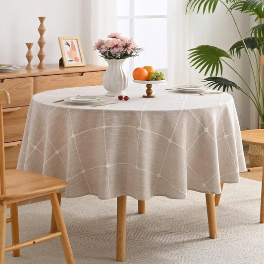 Lattice Embroidery Plaid round Tablecloth, Heavy Duty Cotton Linen Fabric Wrinkle Resistant round Table Cloth Cover for Home Kitchen Dining Party Decor, round 62 Inch, Beige
