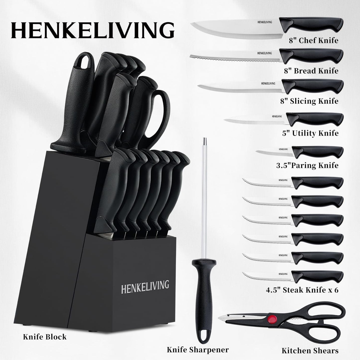 Knife Set, 14-Piece Kitchen Knives Set with Block, German High Carbon Stainless Steel, Ergonomic Non-Slip Handles, Blacksilver