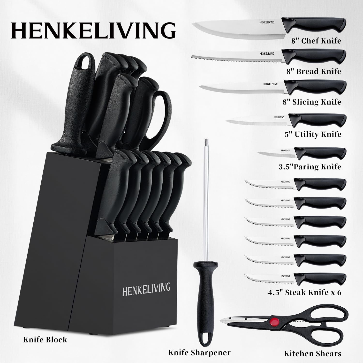 Knife Set, 14-Piece Kitchen Knives Set with Block, German High Carbon Stainless Steel, Ergonomic Non-Slip Handles, Blacksilver
