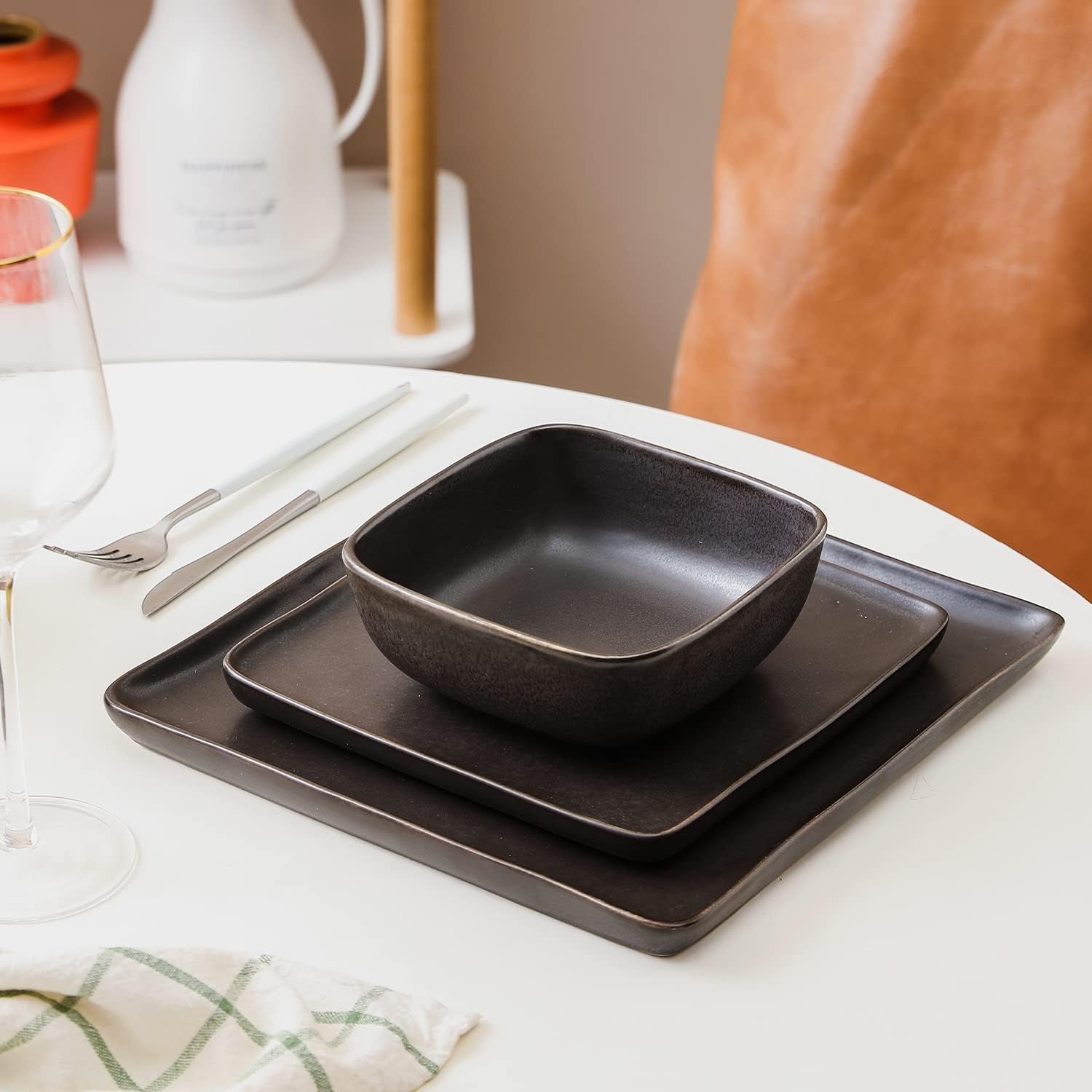 Jonny Stoneware 12 Piece Dinnerware Set, Home Kitchen Modern Square Dish Set with Dinner Plates, Salad Plates, & Bowls, Brown