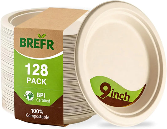 128 Pack 9 Inch Compostable Plates, Biodegradable Heavy Duty Dinner Plates – Eco-Friendly Sugarcane Plates for Birthday, BBQ, Events