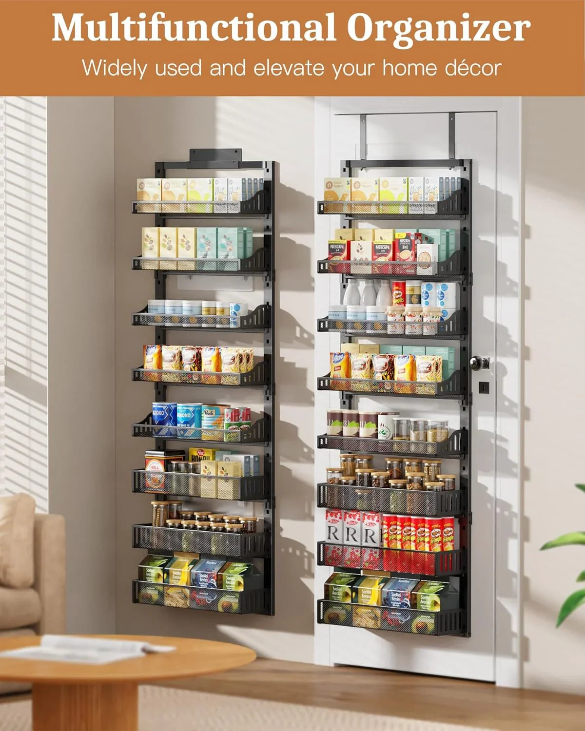 8-Tier over the Door Pantry Organizer, Large Metal Door Spice Rack with Adjustable Basket, 2 in 1 Wall Mount or Hanging Heavy-Duty Pantry Door Storage Shelf for Kitchen and Bathroom, Black