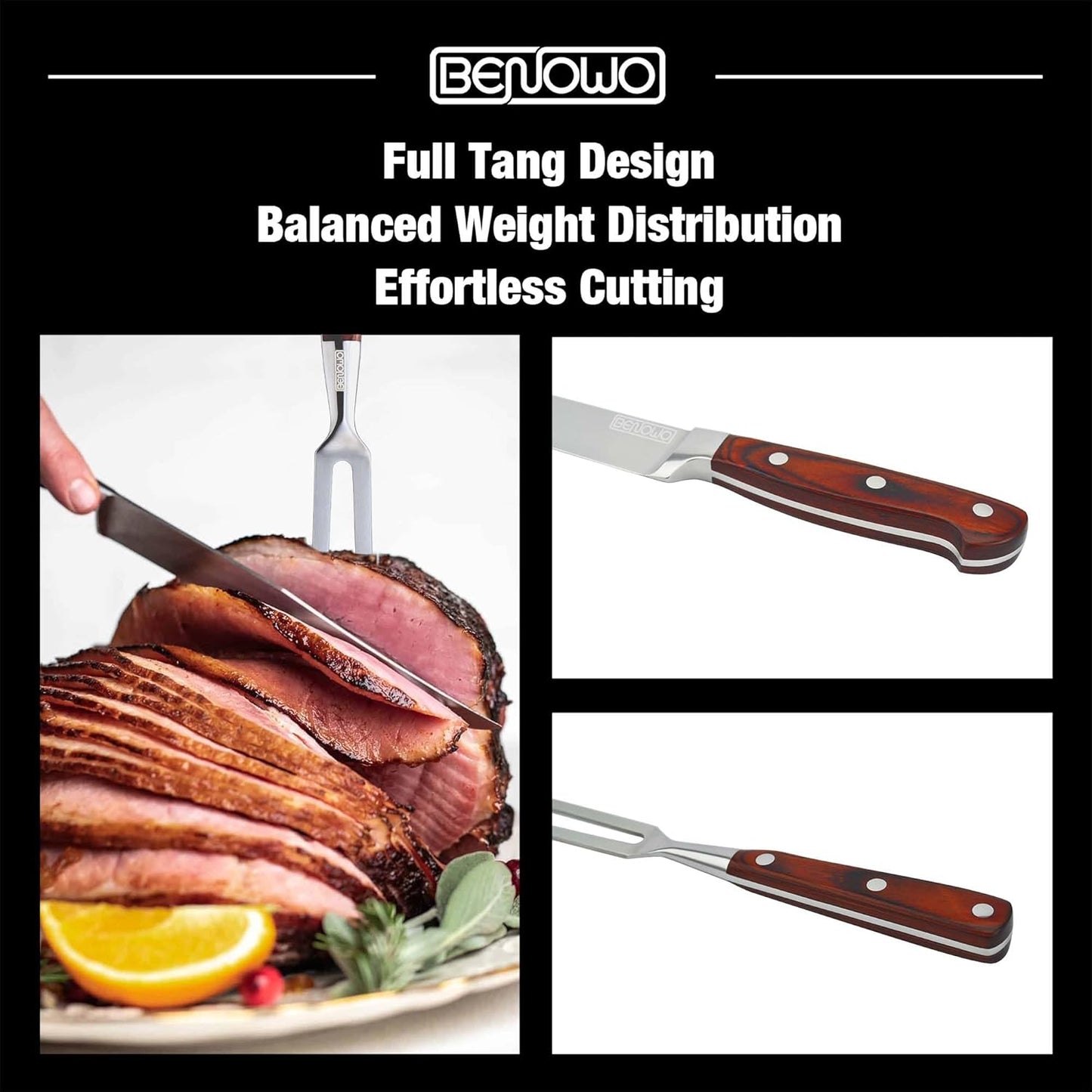 Carving Knife Set 2-Piece, 8-Inch Turkey Carving Knife and Fork Set Stainless Steel Kitchen Knife for Steak, Hibachi Knife and Fork, BBQ Carving Fork with Gift Box – Designed in USA