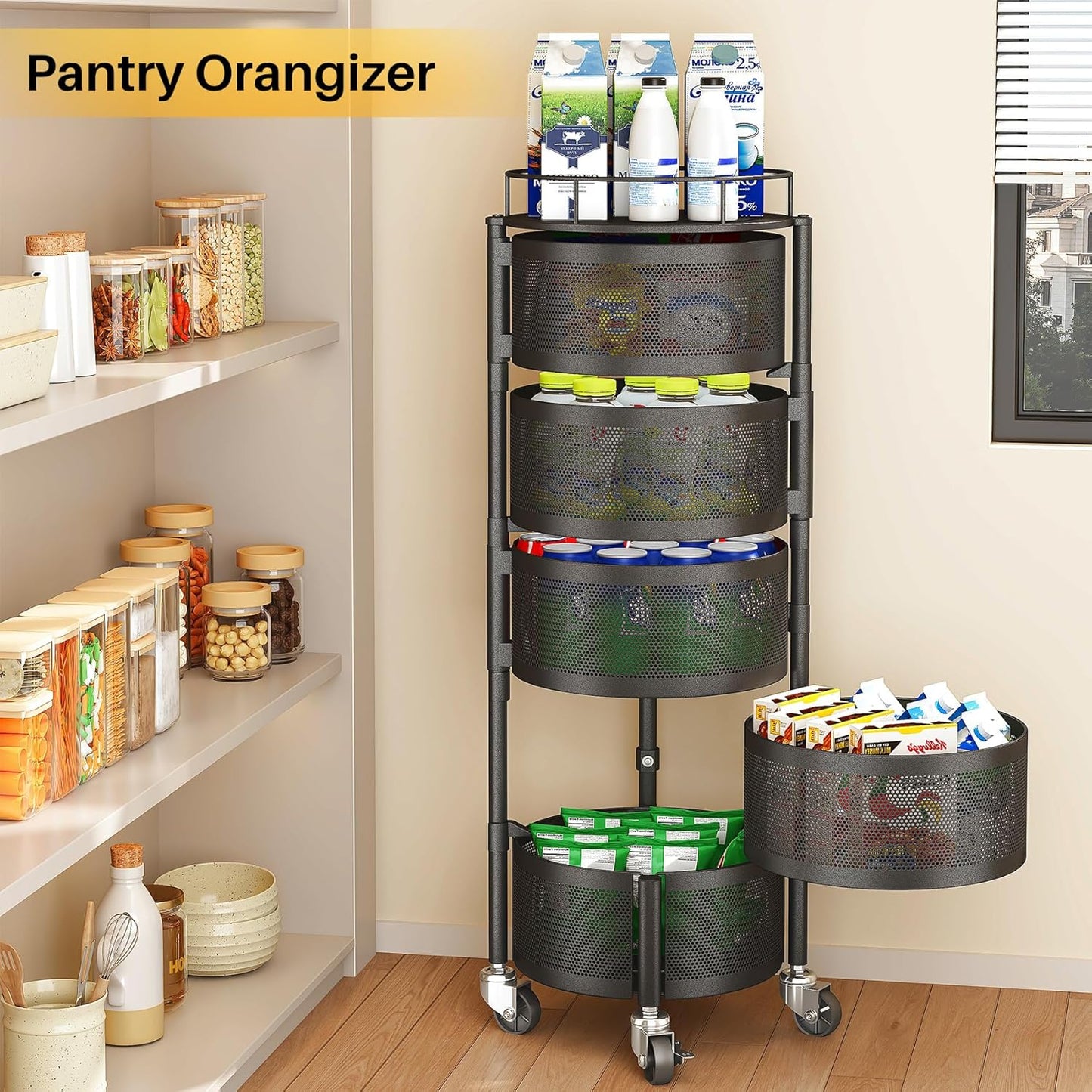 Fruit and Vegetable Basket Bowls for Kitchen with Metal Top Lid, 5 Tier Rotating Storage Rack Cart for Potato Onion Bread Banana, Wire Basket Organizer on Wheels, Large, Black