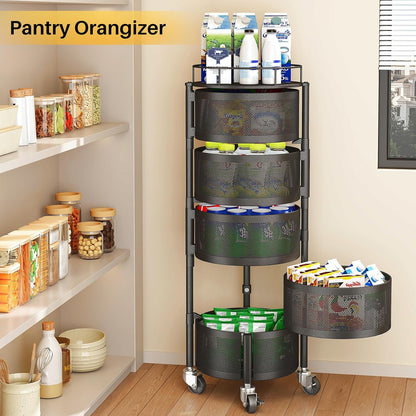 Fruit and Vegetable Basket Bowls for Kitchen with Metal Top Lid, 5 Tier Rotating Storage Rack Cart for Potato Onion Bread Banana, Wire Basket Organizer on Wheels, Large, Black