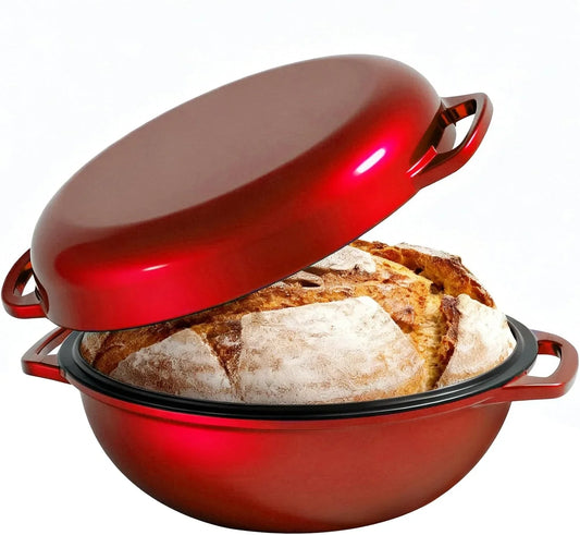 2-In-1 Multifunctional Enameled Cast Iron Dutch Oven, 6QT Loaf Pan with Dual Handles, Perfect for Baking Sourdough, Roasting, Braising & Stews, Oven & Stovetop Safe, Easy to Clean & Pre-Seasoned