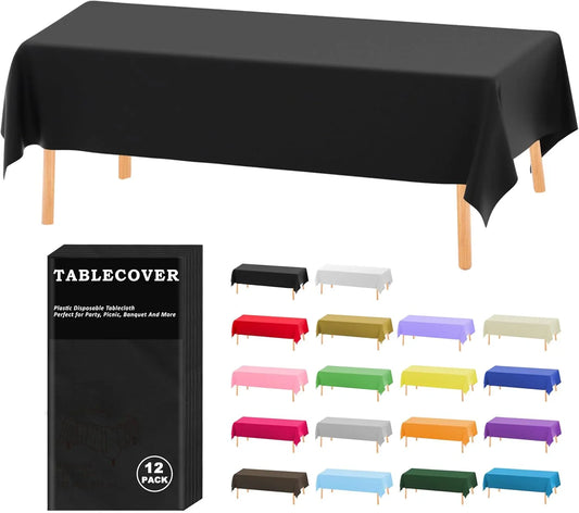 Plastic Table Cloth Disposable, 12 Pack Black Rectangle Tablecloth Individually Wrapped for Indoor&Outdoor, 54 X 108 Inch Table Cover for Party, Picnic, Birthday, Wedding & Dinner