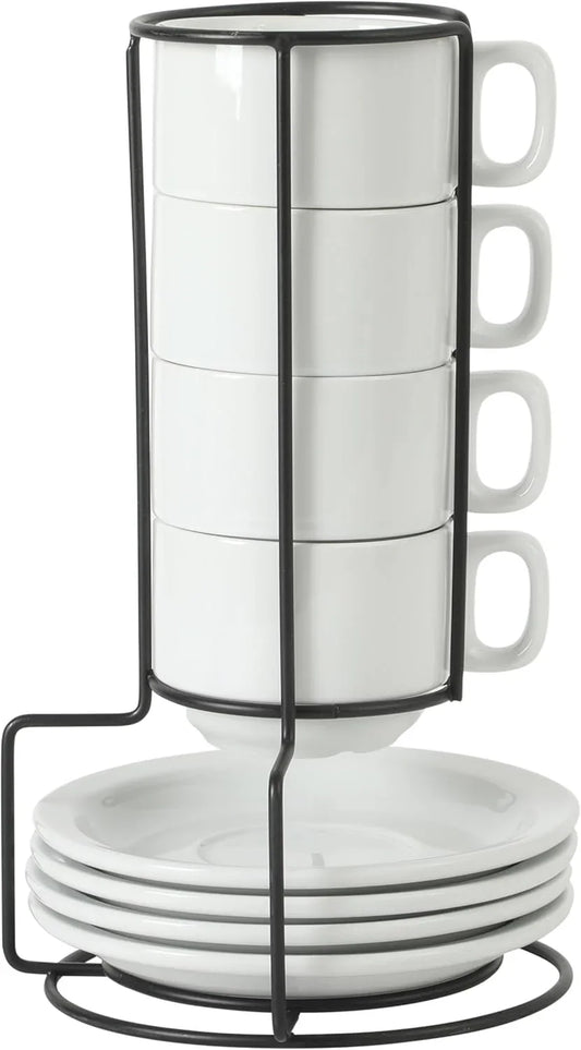 Gracious Dining 7-Ounce Cappuccino Cups Set of 4, Stackable Coffee Cups with 4 Saucers, Metal Stand, Coffee Mugs for Latte, Café, Mocha, Tea