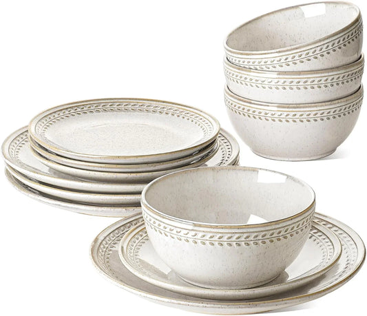 Plates and Bowls Sets for 4, 12 Piece Ceramic Dinnerware Sets, Kitchen Stoneware Dish Set, Chip Resistant, Microwave & Dishwasher Safe, Reactive Glaze Beige (8"&10" Plate, 27Oz Bowl)