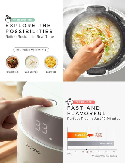 Cuckoo rice cooker with open cooking, turbo mode for fast flavorful rice, and digital timer control