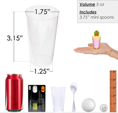 100 X 3 Oz Mini Dessert Cups with Spoons, Shooter - Clear Plastic Parfait Appetizer Cup - Small Reusable Shooter Glass for Tasting Party Shooters Desserts Appetizers - with Recipe Ebook