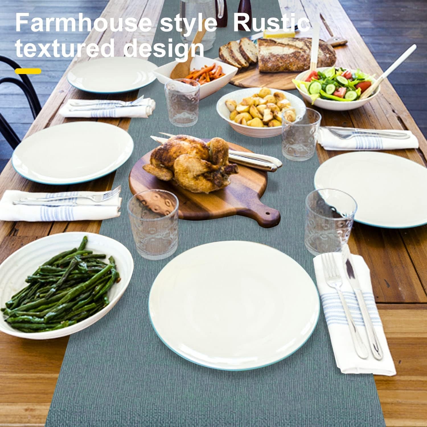 Wipeable Table Runner, Thick Farmhouse Dresser Runner, Rustic for Kitchen, Bedroom, Living Room, Indoor and Outdoor (72'', Blue Grey)