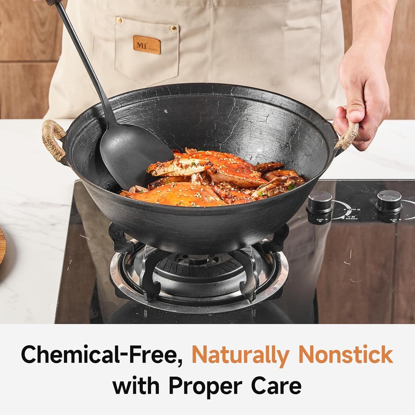 11.8" round Bottom Cast Iron Wok - Small Traditional Pow Wok for Camping & Open Fire - Gas Stove Compatible (Wok Ring Required) - Uncoated Stir Fry Pan with Cleaning Brush