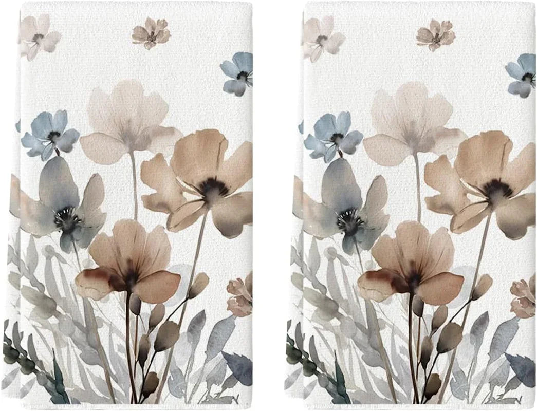 Brown Poppy Floral Leaves Spring Kitchen Towels Dish Towels, 18X26 Inch Seasonal Summer Decoration Hand Towels Set of 2