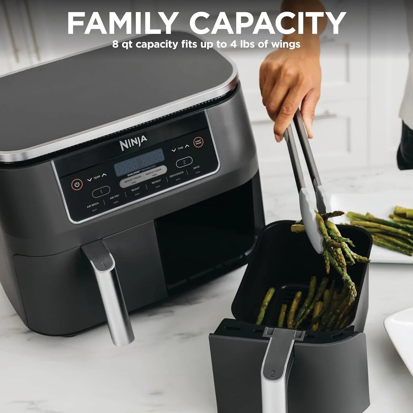 DZ201 Foodi 8 Quart 6-In-1 Dualzone 2-Basket Air Fryer with 2 Independent Frying Baskets, Match Cook & Smart Finish to Roast, Broil, Dehydrate & More for Quick, Easy Meals, Grey