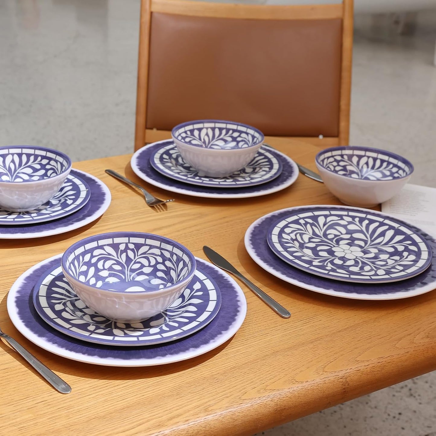 Melamine Dinnerware Set, 12 Pieces Plates and Bowls Set, Unbreakable Dish Set,Lightweight,Camping,Dishwasher Safe,Service for 4, Blue-Purple