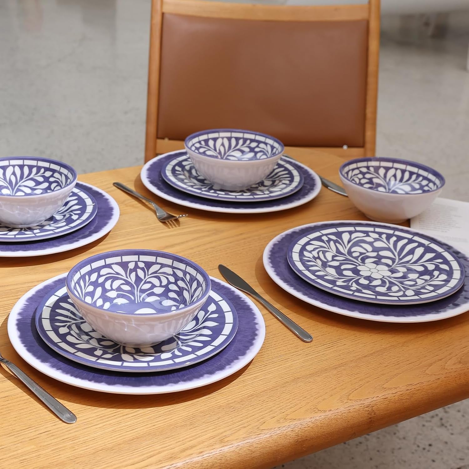 Melamine Dinnerware Set, 12 Pieces Plates and Bowls Set, Unbreakable Dish Set,Lightweight,Camping,Dishwasher Safe,Service for 4, Blue-Purple