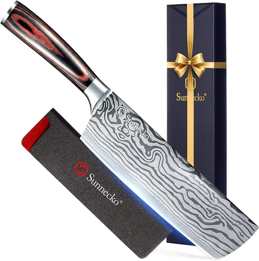 7” Nakiri Knife Razor Sharp 15° Edge – Vegetable & Meat Cleaver Kitchen Knife,High Carbon Stainless Steel – Asian Cooking Chef Knife with Ergonomic Handle,Sheath & Gift Box