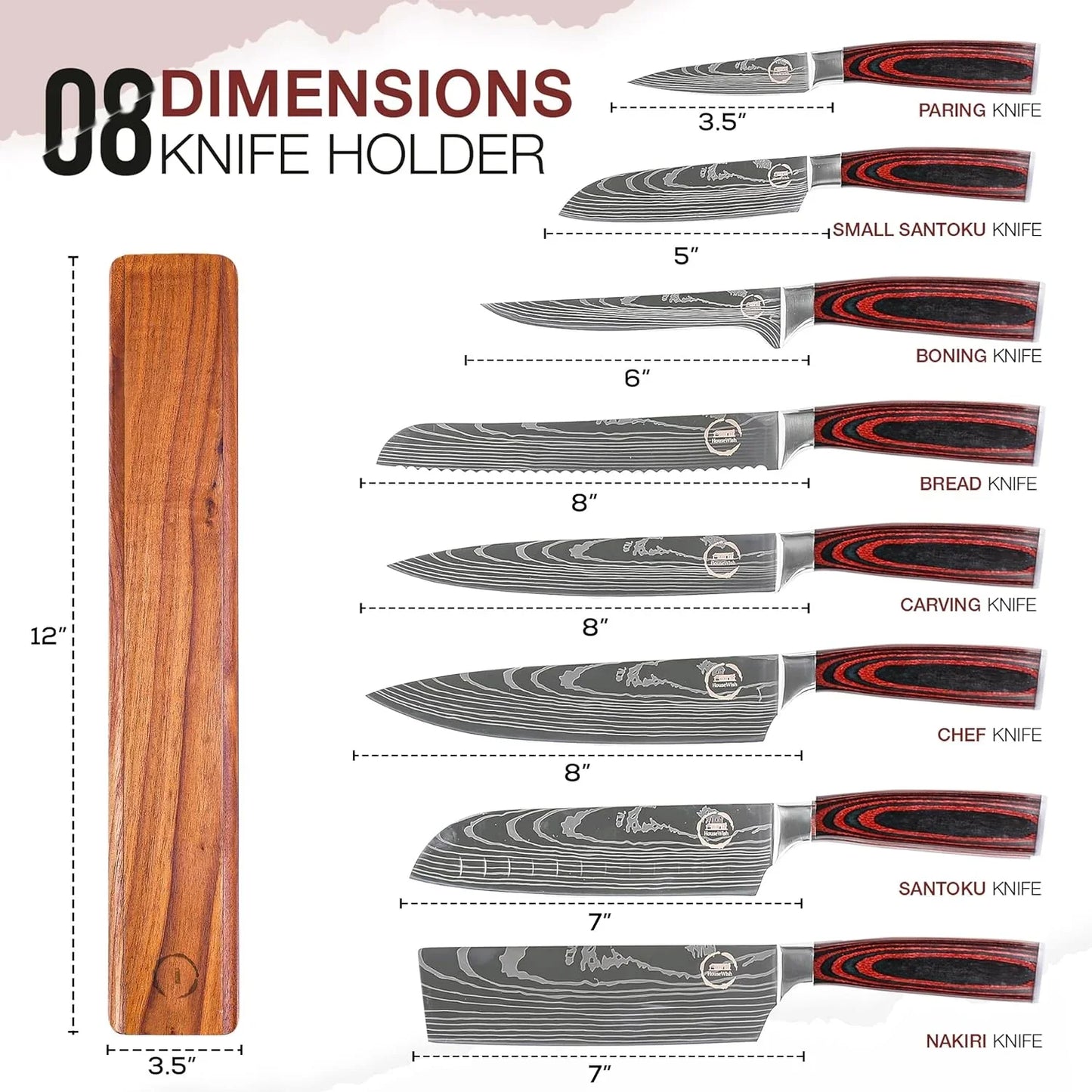 8 PC Chef Knives - High Carbon Stainless Steel Knives with Pakkawood Handles - Magnetic Strip Holder Included - Japanese Knife Set - Home & Professional Chef'S Knife Set