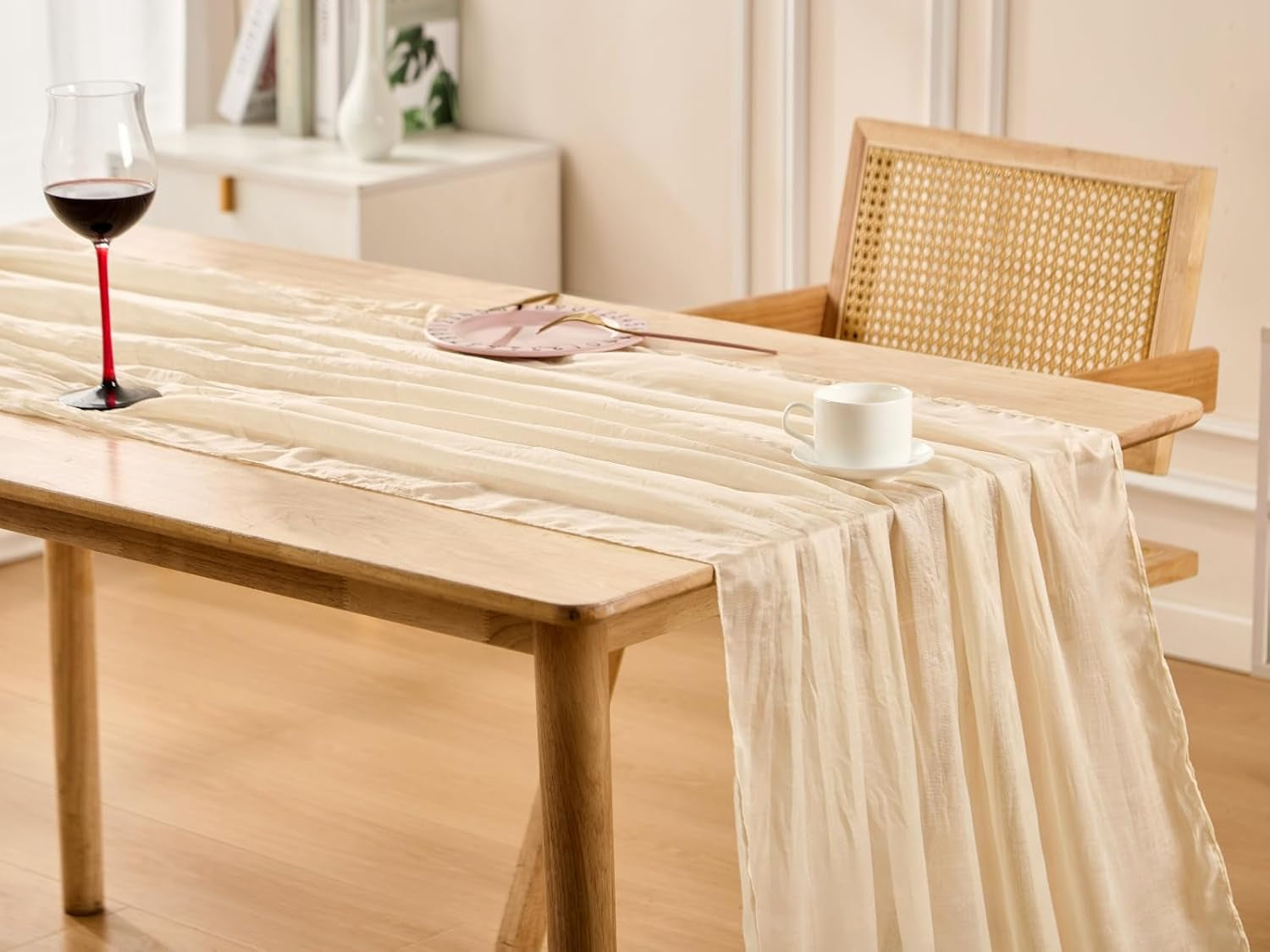 3 Pack Beige Spring Table Runner Boho Cheesecloth Table Runners Bulk 10 Ft Crinkled Gauze Sheer Mother'S Day Table Centerpieces for Wedding Ceremony Anniversary Bridal Baby Shower Banquet