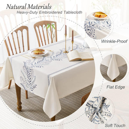 Linen Style Embroidered Tablecloth, Waterproof and Wrinkle-Resistant Table Cloth Rectangle Tables, Farmhouse Floral Rectangle Table Cover for Dining Room and Outdoor Parties(Blue, 55"X71")