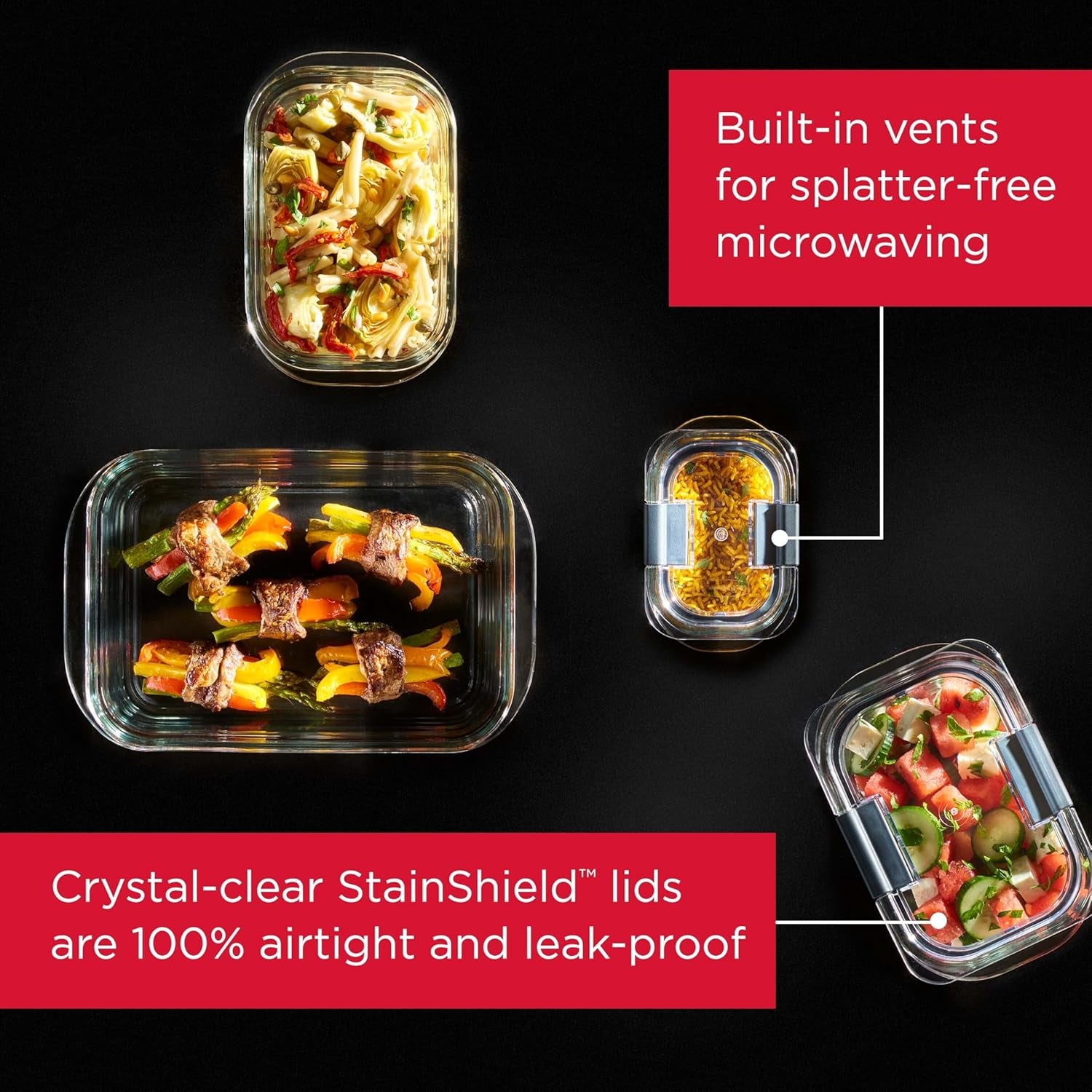 Brilliance Glass Food Storage Containers, Assorted Sizes, Set of 9, Bpa-Free, Leak-Proof, Clear
