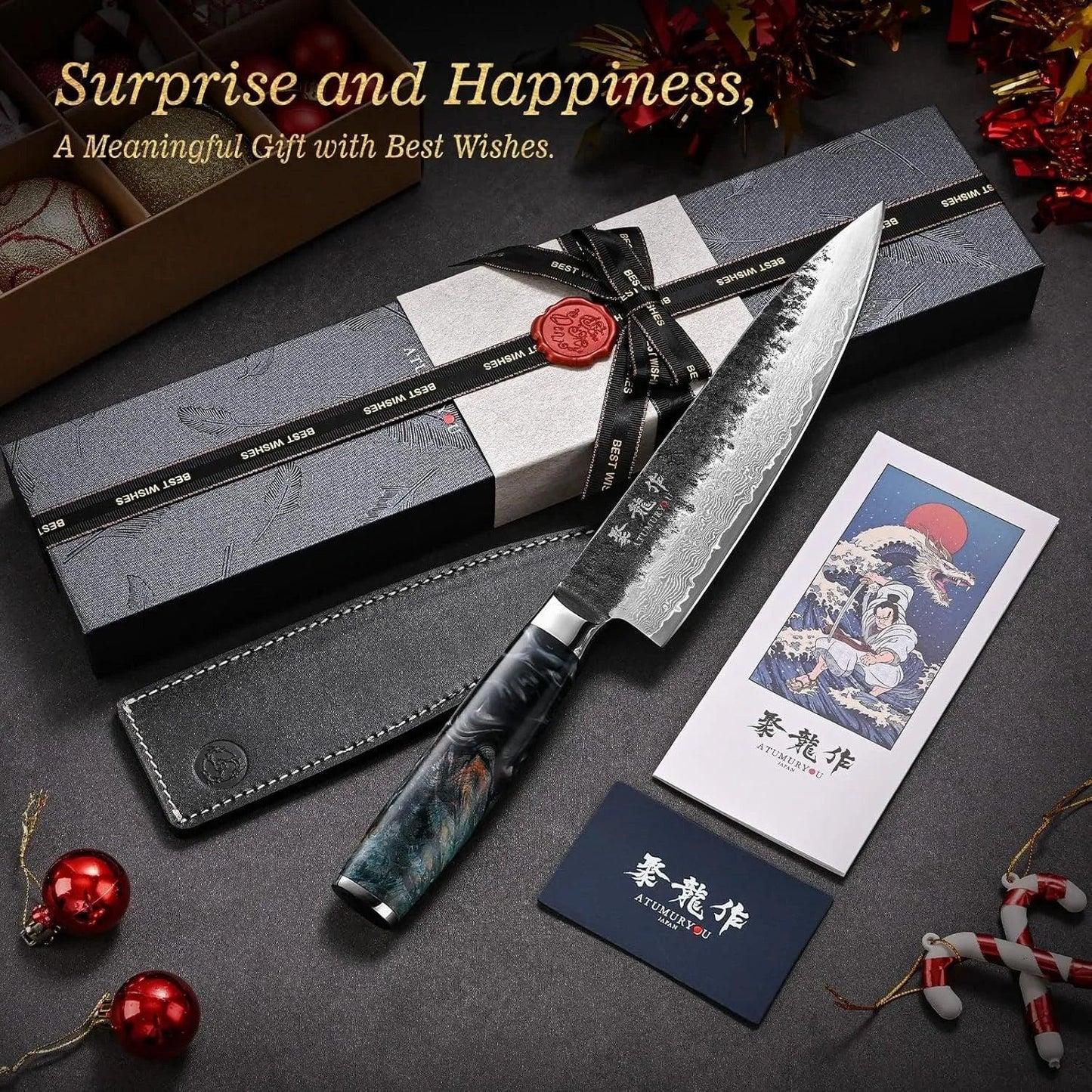 Damascus chef knife with gift box, leather sheath, and holiday decorations, ideal for kitchen gift.