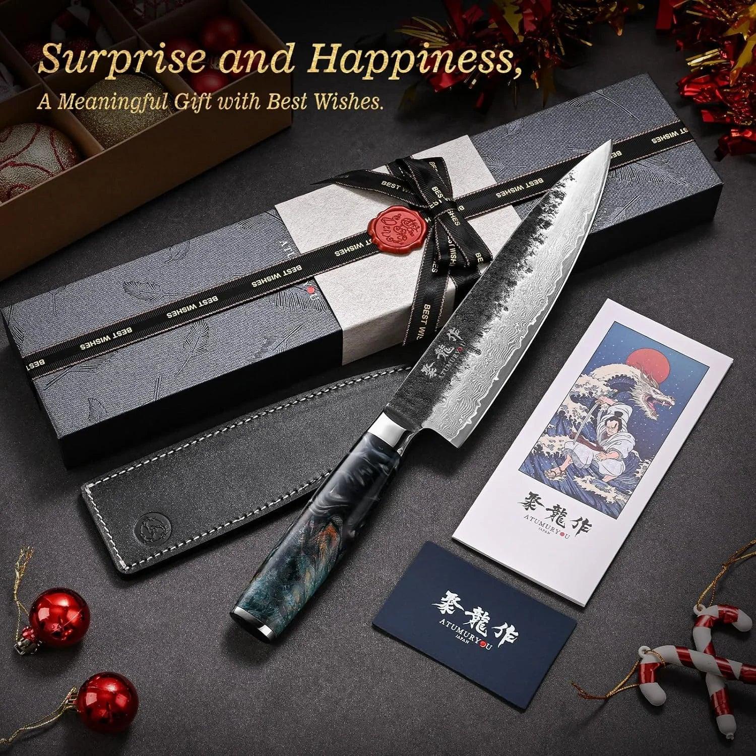 Damascus chef knife with gift box, leather sheath, and holiday decorations, ideal for kitchen gift.