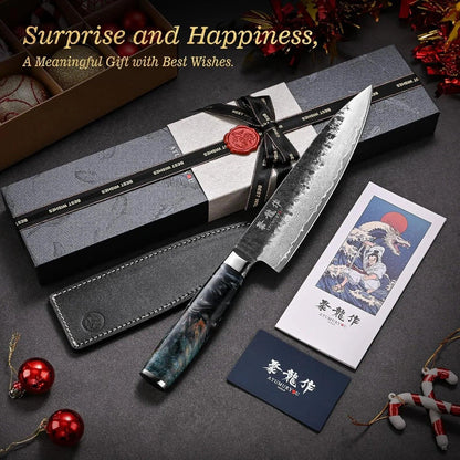 Damascus chef knife with gift box, leather sheath, and holiday decorations, ideal for kitchen gift.