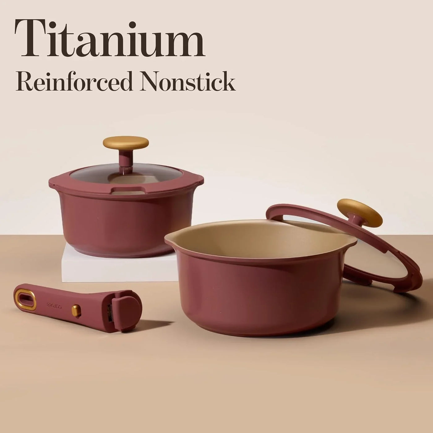2.0Qt & 3.0Qt Titanium Nonstick Reinforced Sauce Pan Sets with Lid, Non-Stick Saucepans Cookware Set with Pour Spout with Detachable Handle, PFOS, PFOA Free, Induction Comptable, Burgundy