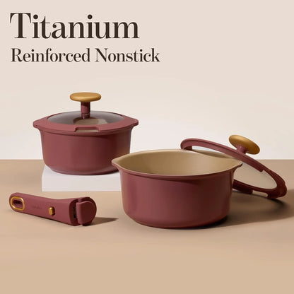 2.0Qt & 3.0Qt Titanium Nonstick Reinforced Sauce Pan Sets with Lid, Non-Stick Saucepans Cookware Set with Pour Spout with Detachable Handle, PFOS, PFOA Free, Induction Comptable, Burgundy