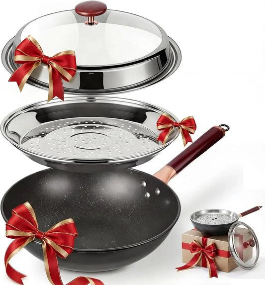 13-Inch Carbon Steel Wok Pan with Lid: Professional Woks & Stir-Fry Pans Nonstick with Steamer, Large Deep Flat Bottom Cookware, Works on All Cooktops, Stay-Cool Handle, Ideal Kitchen Gift