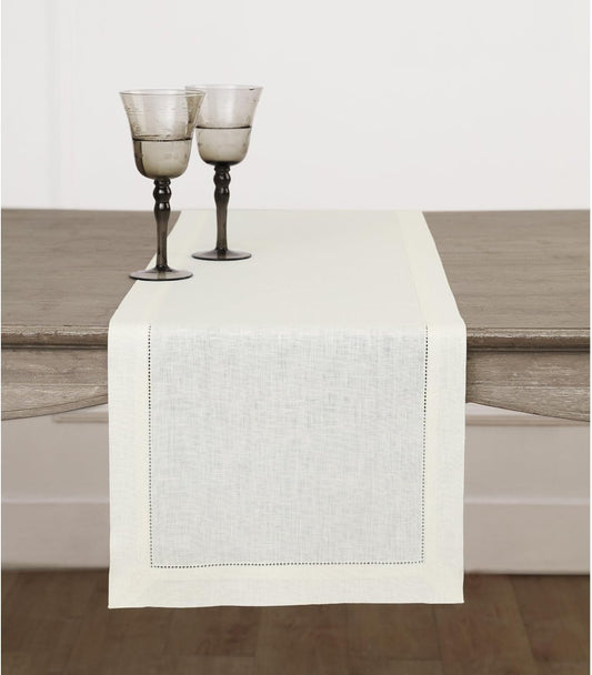 Linen Ivory Table Runner 90 Inches Long - 100% Pure Linen Hemstitch 14 X 90 Inch Table Runner for Dining, Spring, Summer, Mothers Day - Classic Hemstitch