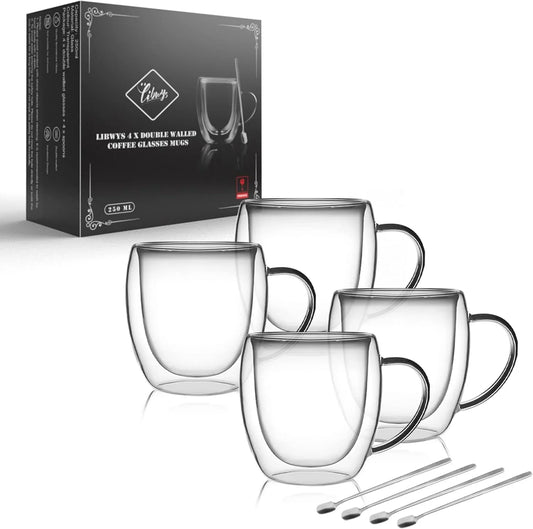 4 Pack 250Ml Double Walled Glass Coffee Mugs with 4 Spoons, Cappuccino Latte Tea Cups with Handle, Heat Resistant Drinking Glasses