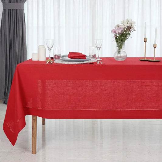 Bright Red Linen Tablecloth 60 X 108 Inch - 100% Pure Linen Red Table Cloth for Rectangle Tables - Classic Hemstitch, Machine Washable Tablecloth for Mothers Day, Spring