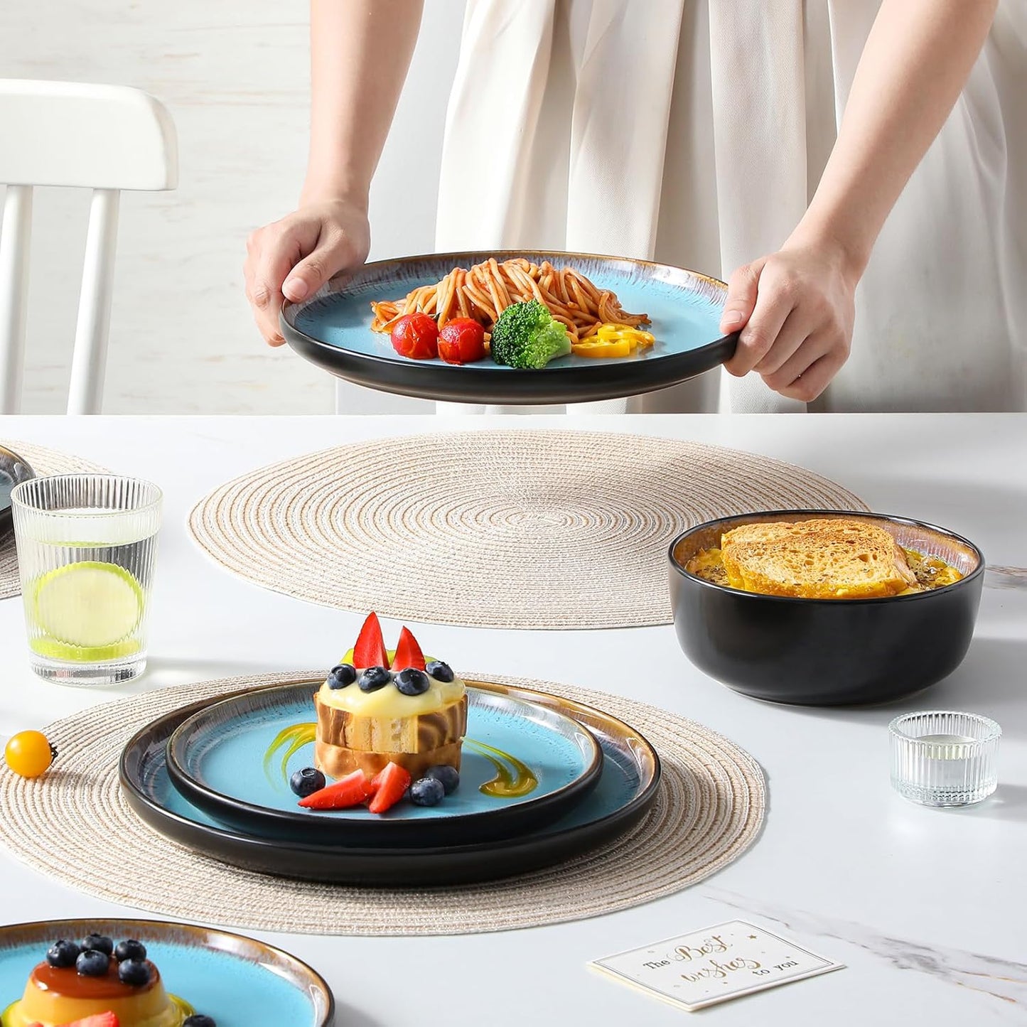 Plates and Bowls Sets, 18 Pieces Stoneware Dinnerware Sets for 6, Kitchen Dish Set Mircowave and Dishwasher Safe Ceramic Dishware, Blue, Series AMBER