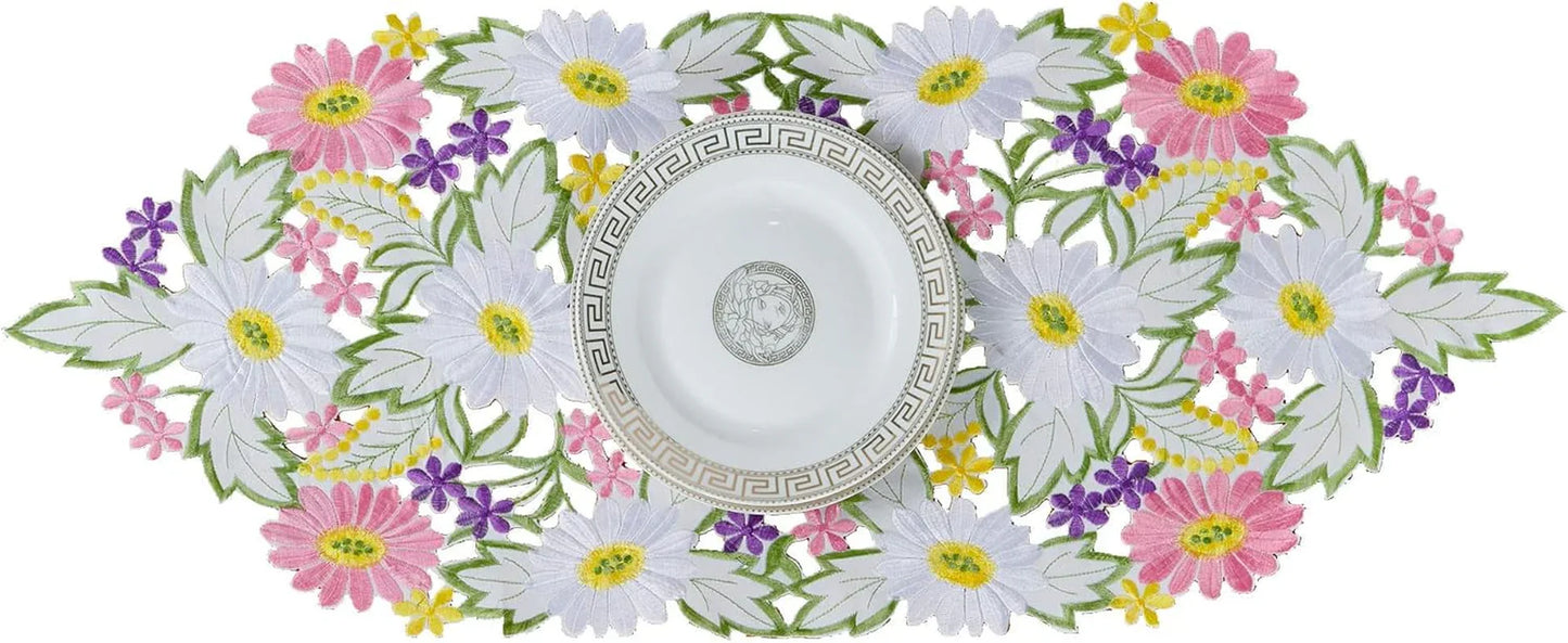 Spring Daisy Table Runners Embroidered Flowery Table Linen for Home Decoration 13 X 34 Inch