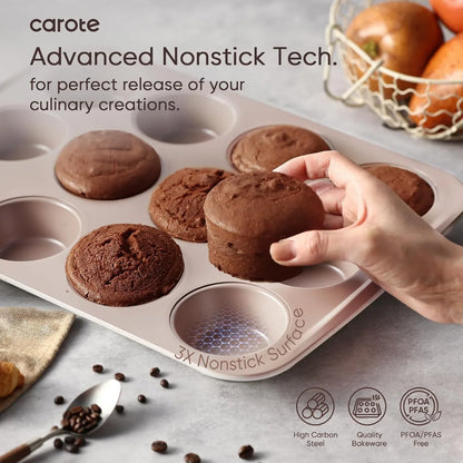 7-Piece Nonstick Stackable Baking Pans Set - Bakeware Sets Including Cookie Sheets for Baking, Muffin Pan, Bread Pan, Cake Pan, Loaf Pan, Roasting Pan, Gray & Khaki