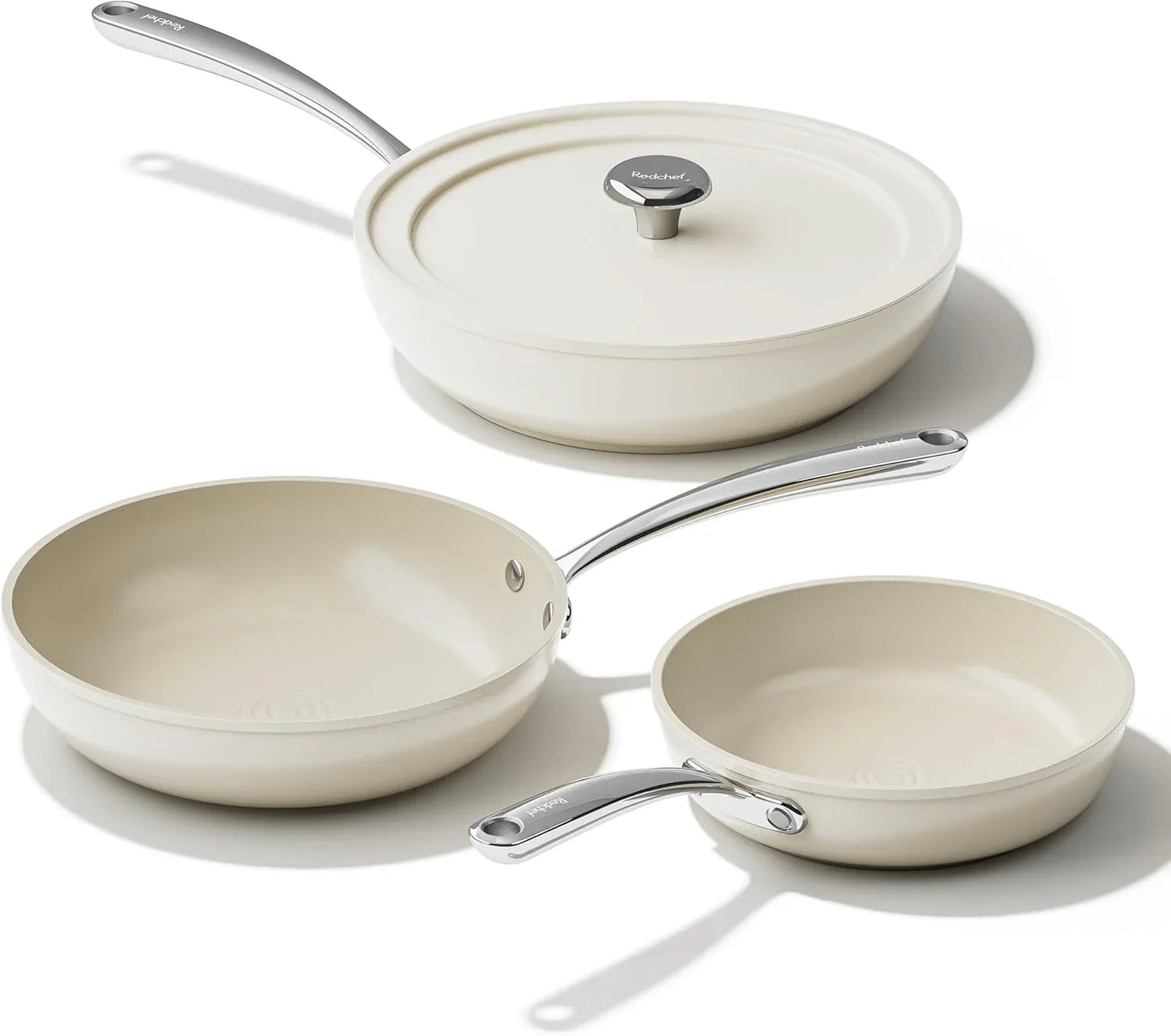 Ceramic Frying Pans, 4-Piece Non Stick Frying Pans, Non Toxic Skillet with Lid, Ceramic Cookware Set, 8" 9.5" 11" Egg Saute Pan, PFAS & PTFE & PFOA Free, Dishwasher & Oven Safe, Beige White