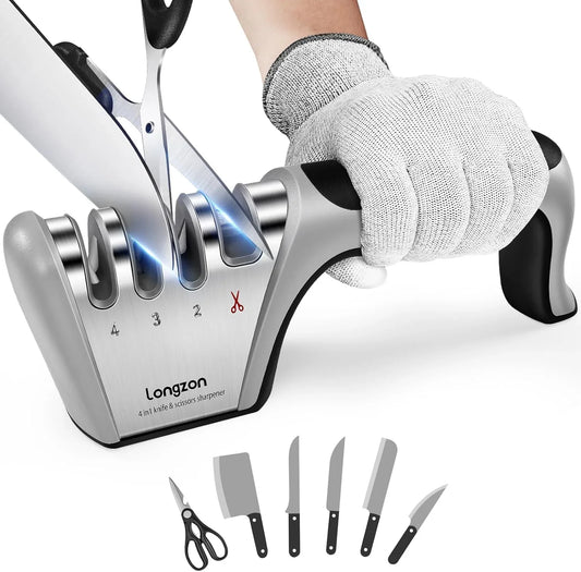 5-In-1 Knife Sharpener [4 Stage] with a Pair of Cut-Resistant Glove,Original Premium Polish Blades, Best Kitchen Knife Sharpener Works for Fruit and Steel Knives, Scissors(Black+Silver)