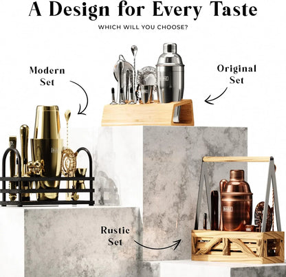 ® Mixology Bartender Kit Bar Set | 14-Piece Cocktail Shaker Set | Martini Barware Mixing Tools for Home Bartending | Incl. 35 Recipe Cards | Gift Set (24Oz Cobbler Shaker, Silver/Black)